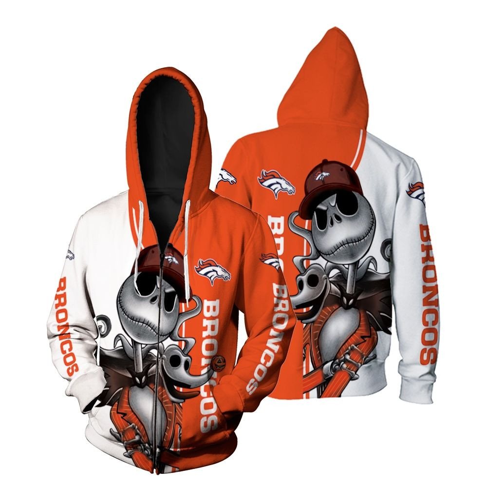 Denver Broncos Jack Skellington And Zero Zip Hoodie