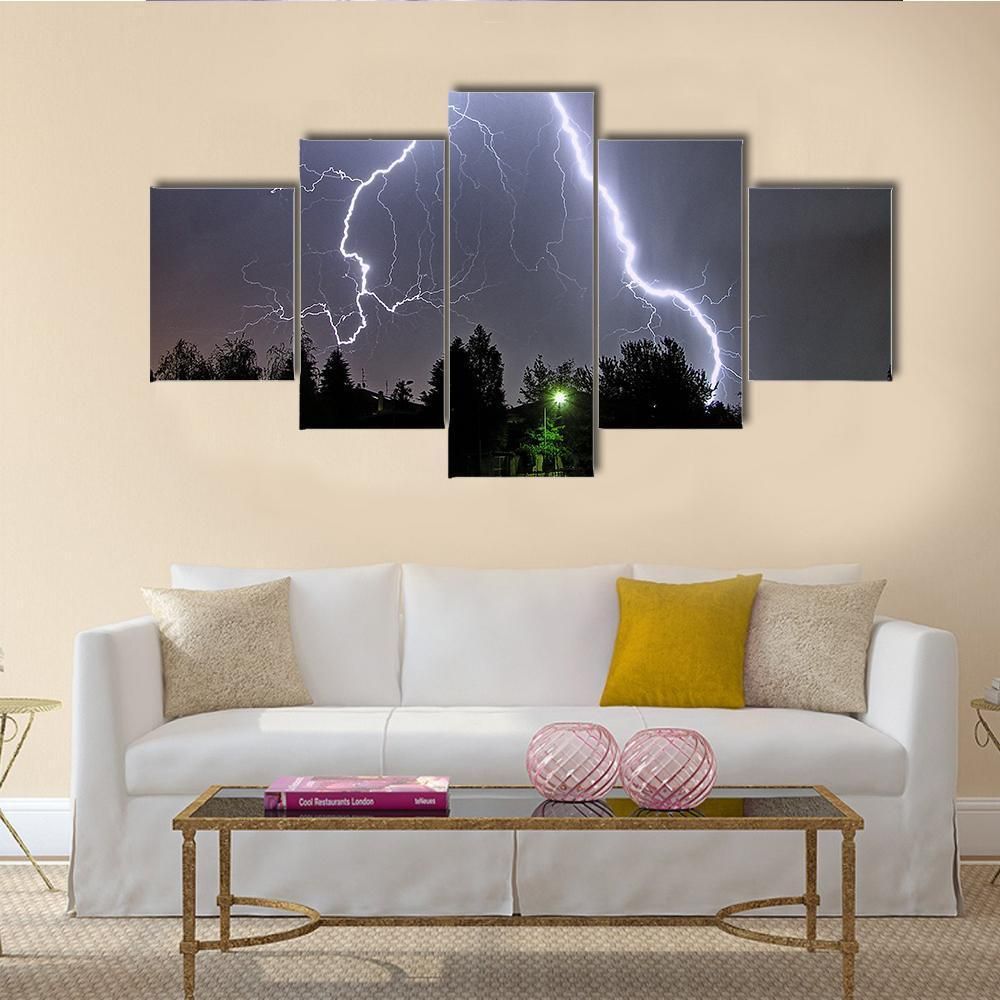 A Big Lightning In A Summer Storm Nature 5 Panel Canvas Art Wall Decor