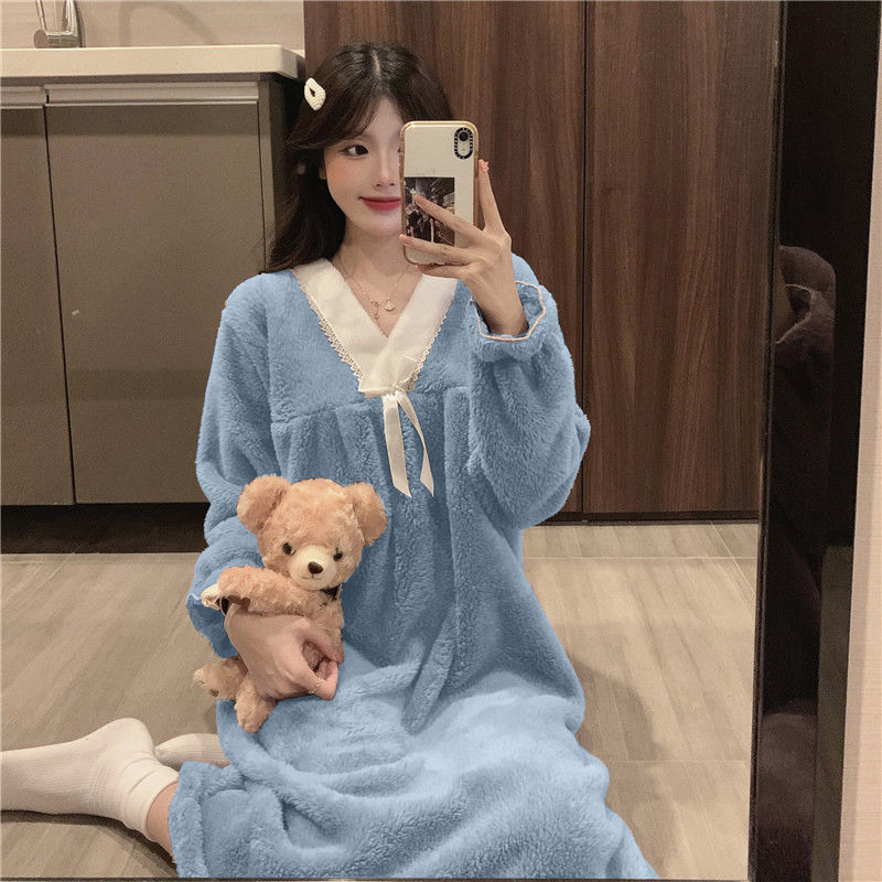 Winter V-neck Nightgowns Women Thickening Coral Fleece Calf Length Long Nightdress Sweet Bow Design Oversize Sleepwear Homewear alx