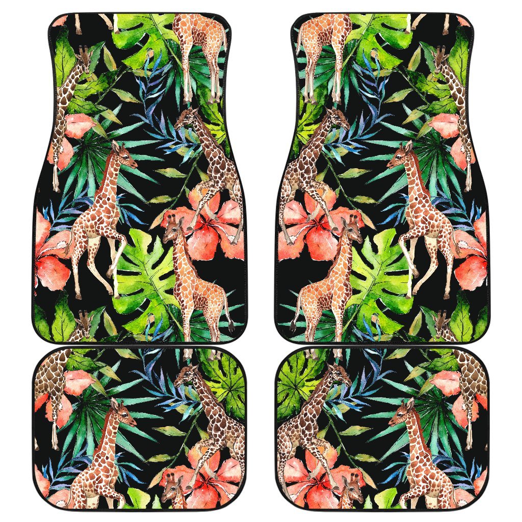 Black Tropical Giraffe Pattern Print Front And Back Car Floor Mats, Front Car Mat