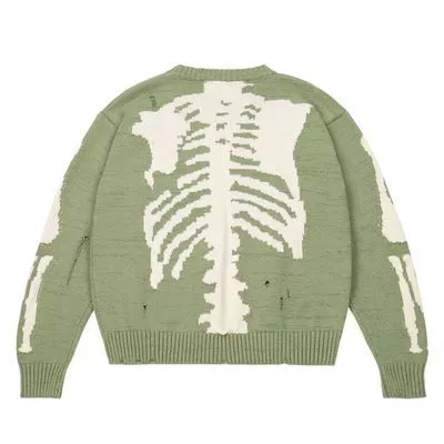 Sweater Green Loose Skeleton Bone Printing Woman High Quality High Street Damage Hole Vintage 1:1 Knitted Sweater alx