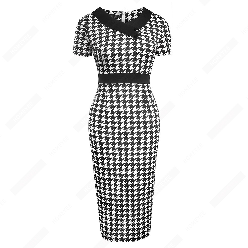 Summer Short Sleeve V Neck Buttons Classic Houndstooth Fashion Retro Office Lady Pencil Dress EB633 alx