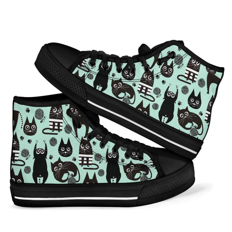 Black Kitten Cat Pattern Print Men Women’s High Top Shoes