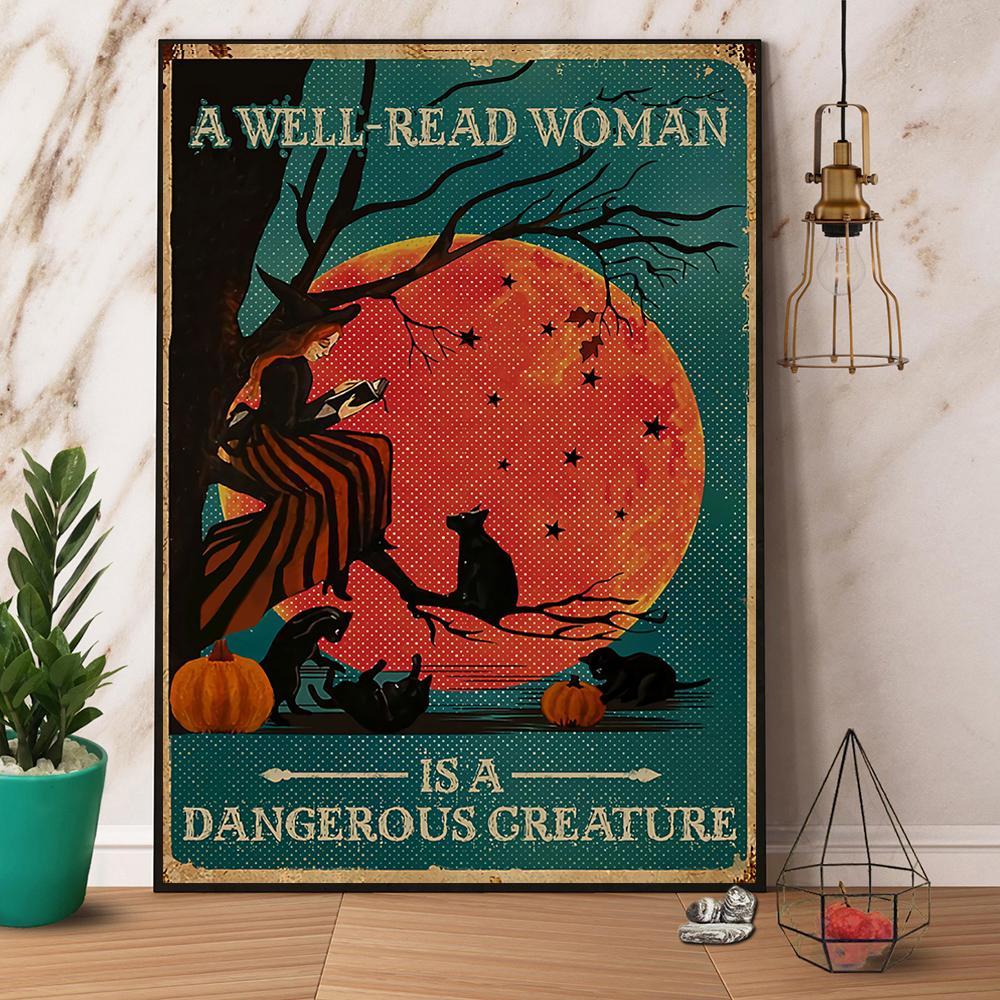 Witch & Cats A Well Read Woman Is A Dangerous Creature Halloween Gift Paper Poster No Frame  Matte Canvas Wall Decor