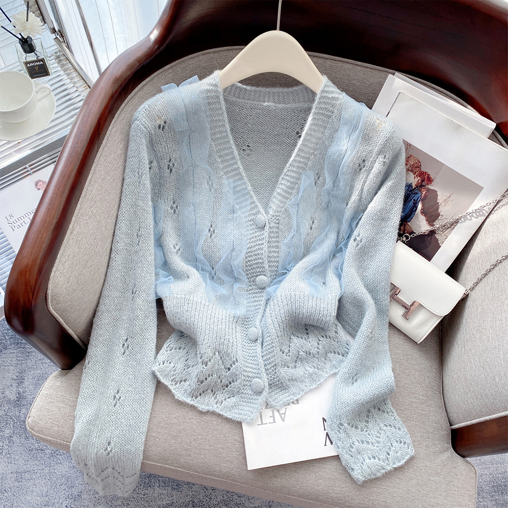 Circyy Light Blue Cardigan Women Sweater Thin Hollow Out Patchwork Mesh Fabric V-Neck Knitted Clothes Spring Autumn Sweet Girl alx