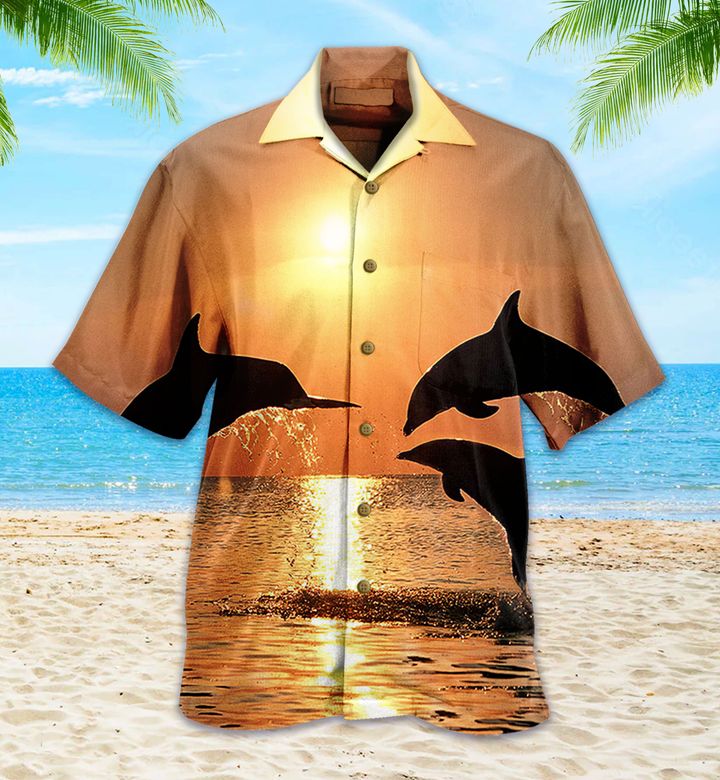 Jumping Dolphin Orange Hawaiian Shirt 3D