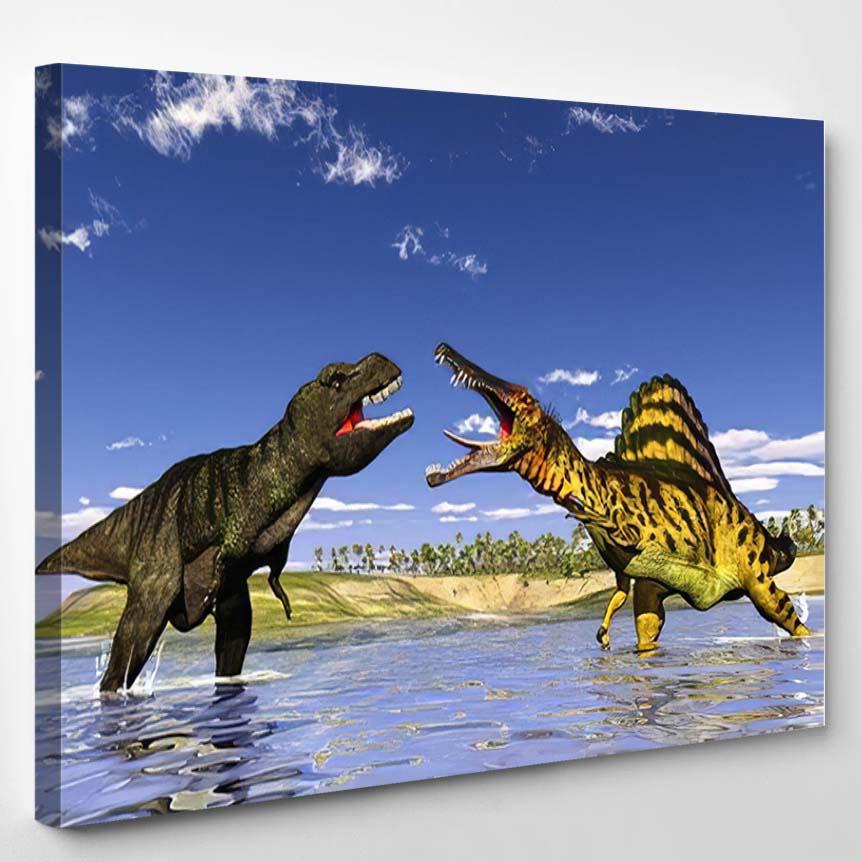 Scene Hunt Dinosaur On Background Sundown 1 – Dinosaur Animals Canvas Print