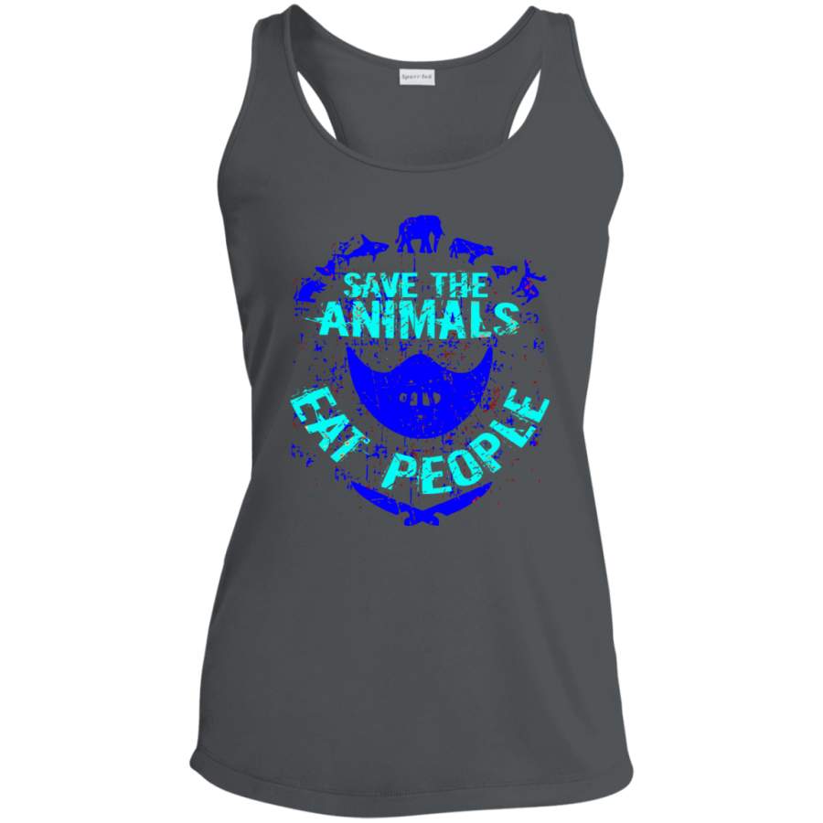 save the animals, EAT PEOPLE2 Ladies Racerback Moisture Wicking Tank