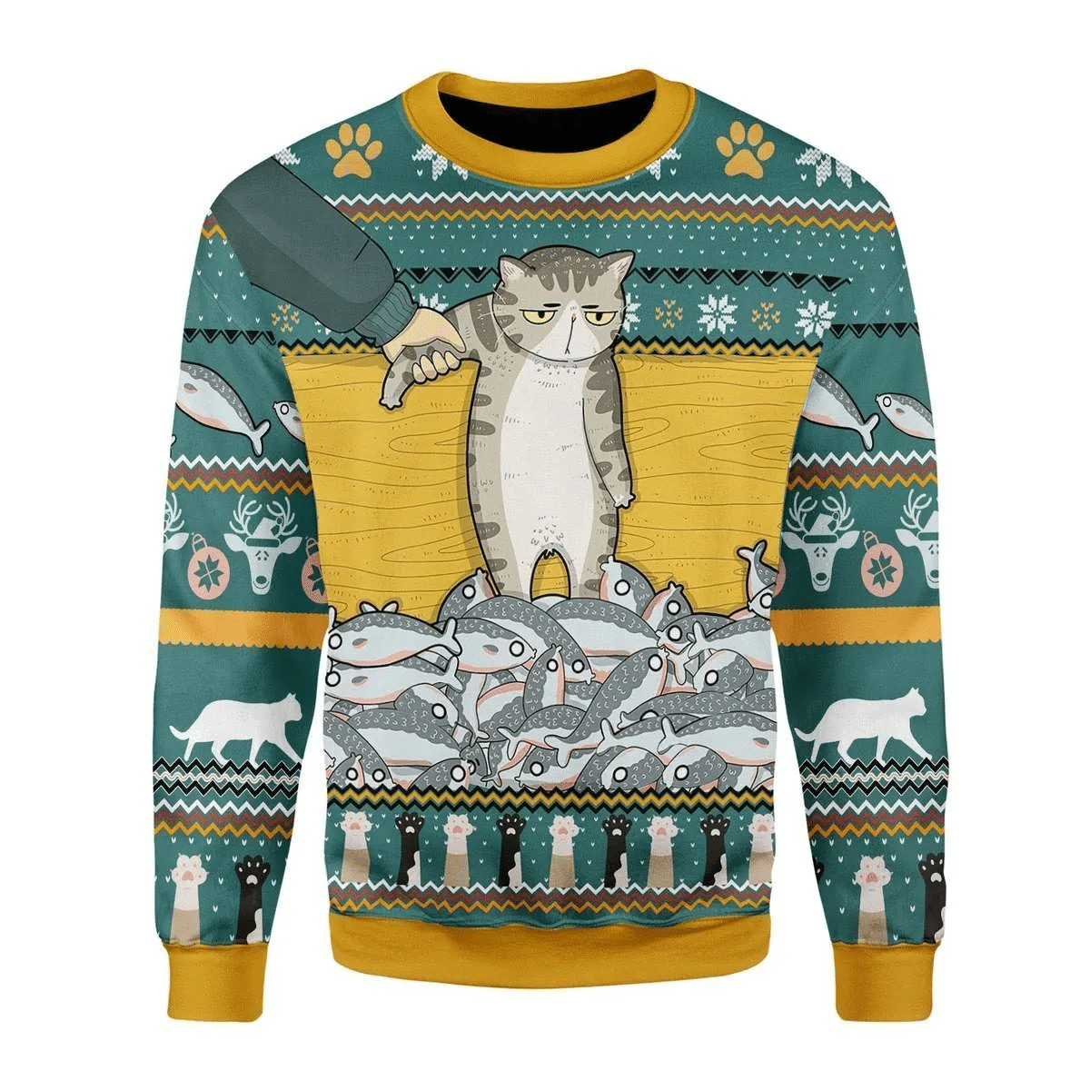 Unifinz Cat Christmas Sweater Cat With Fish Funny Ugly Sweater 2022