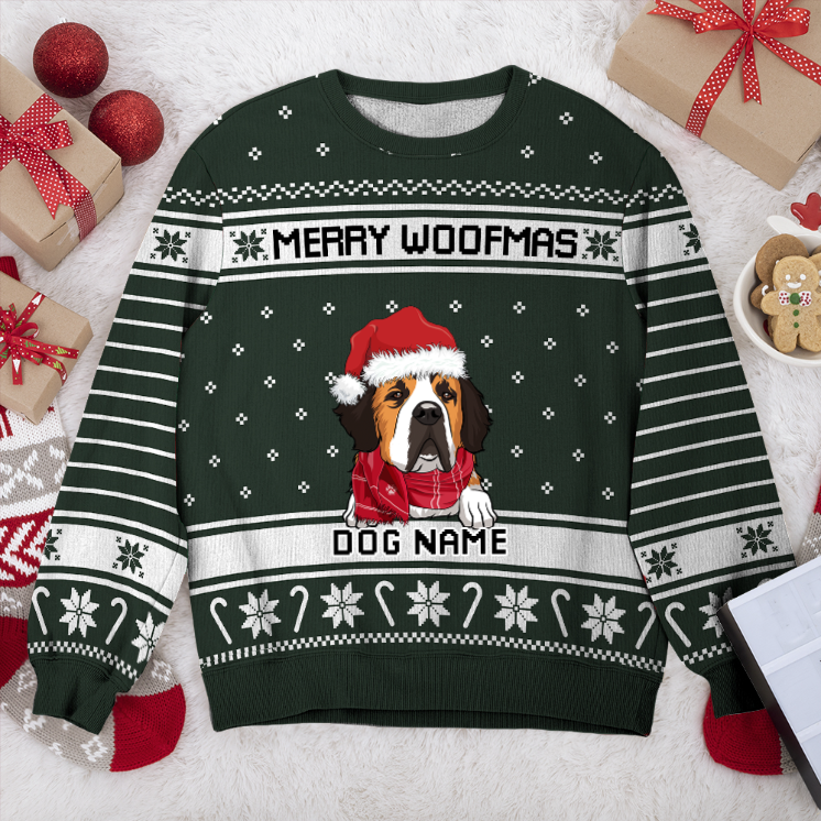 St Bernard Merry Woofmas Personalized Sweater, Dog Ugly Christmas Sweater