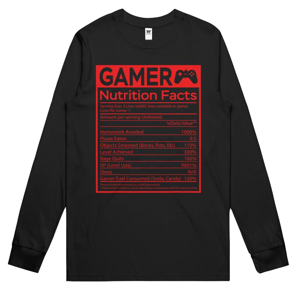 Nutritional Facts Shirt, Gamer Nutrition Facts Shirt, Blue Gamer Nutrition Facts Video Game Funny Long Sleeve T Shirts