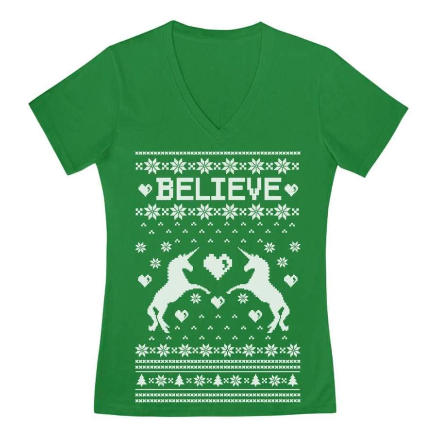 Believe in Unicorns Xmas Ugly Sweater V-Neck Fitted Women T-Shirt