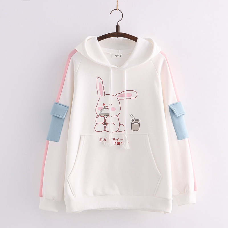 Kawaii Bunny Hoodie Women Korean Cute Anime Graphic Hooded Sweatshirt Girls Winter Harajuku Hoodies Japan Fashion Pink Purple alx