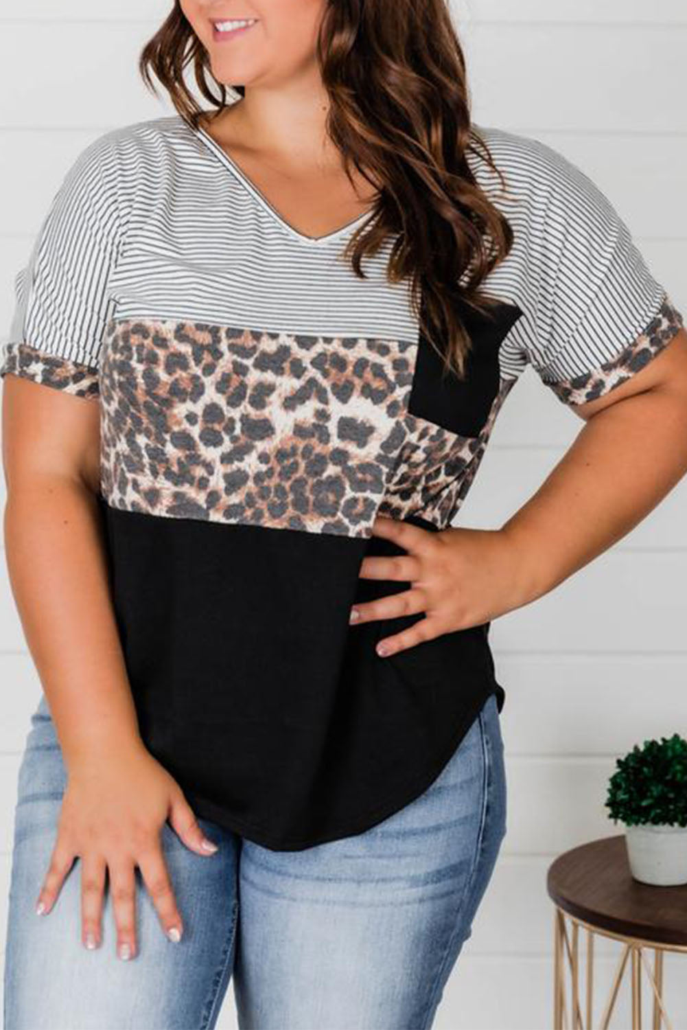 Color Block Splicing Striped Leopard Plus Size Tee