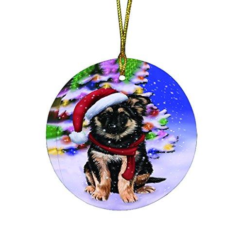 Winterland Wonderland German Shepherds Puppy Dog In Christmas Holiday Scenic Background Round Ornament D496