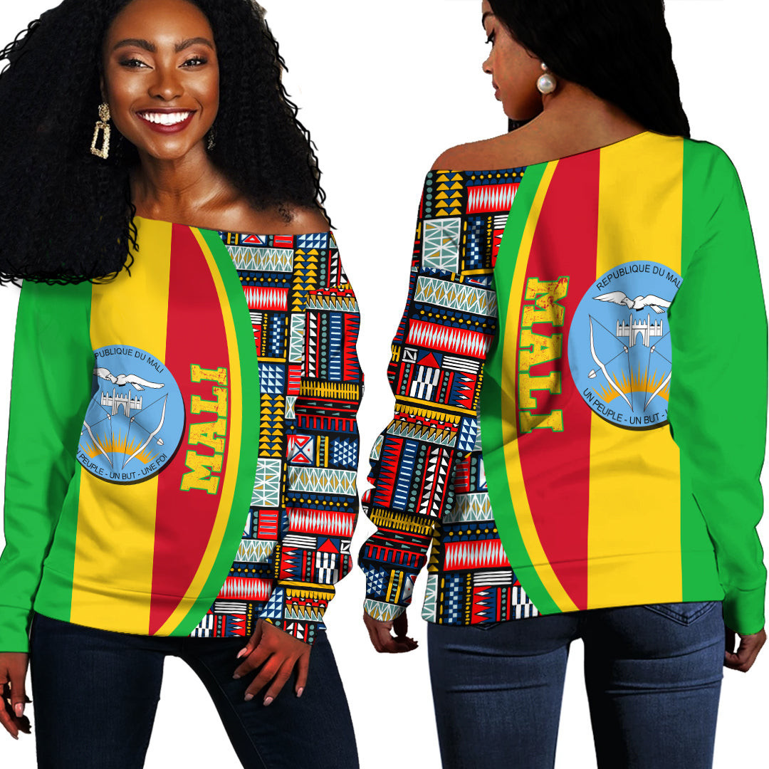 Africazone Clothing – Mali Flag And Kente Pattern Special Women’S Off Shoulder Sweaters A35