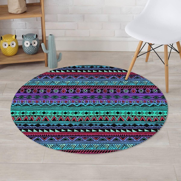 Colorful Neon Tribal Aztec Hand Drawn Round Rug