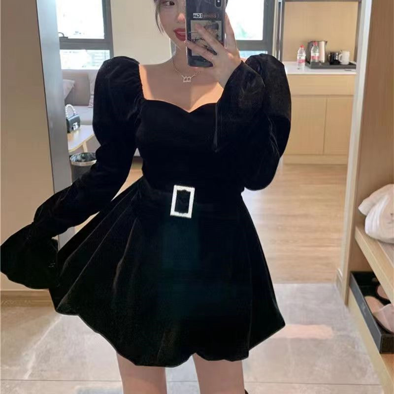 2022 Autumn Winter V-neck Sexy Dress Women Korean Style Fashion Black Tutu Dress Female Long Sleeve Elegant Party Dresses alx