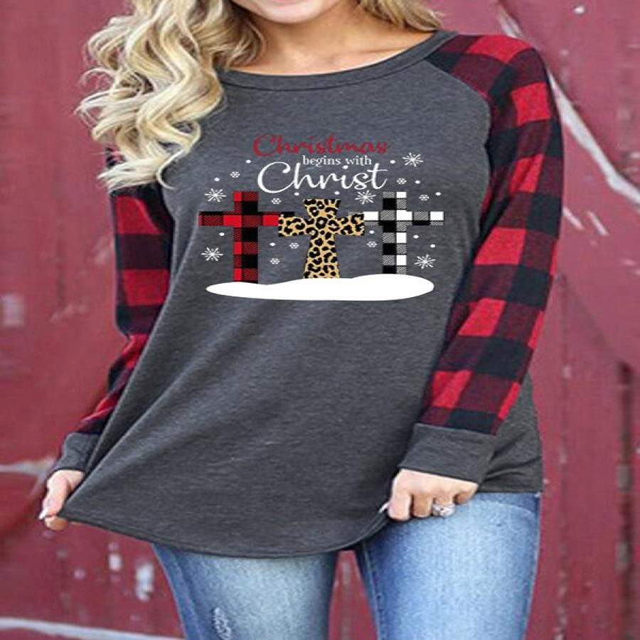 Christmas Snowflake Plaid Leopard Print Long Sleeve T-Shirt