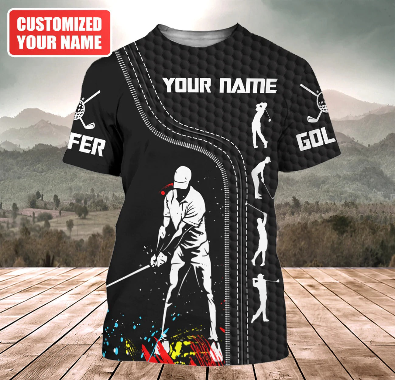 Personalized 3D Print Golf T Shirt Black Pattern, Golf Gift For Him, Men Golfer Shirt