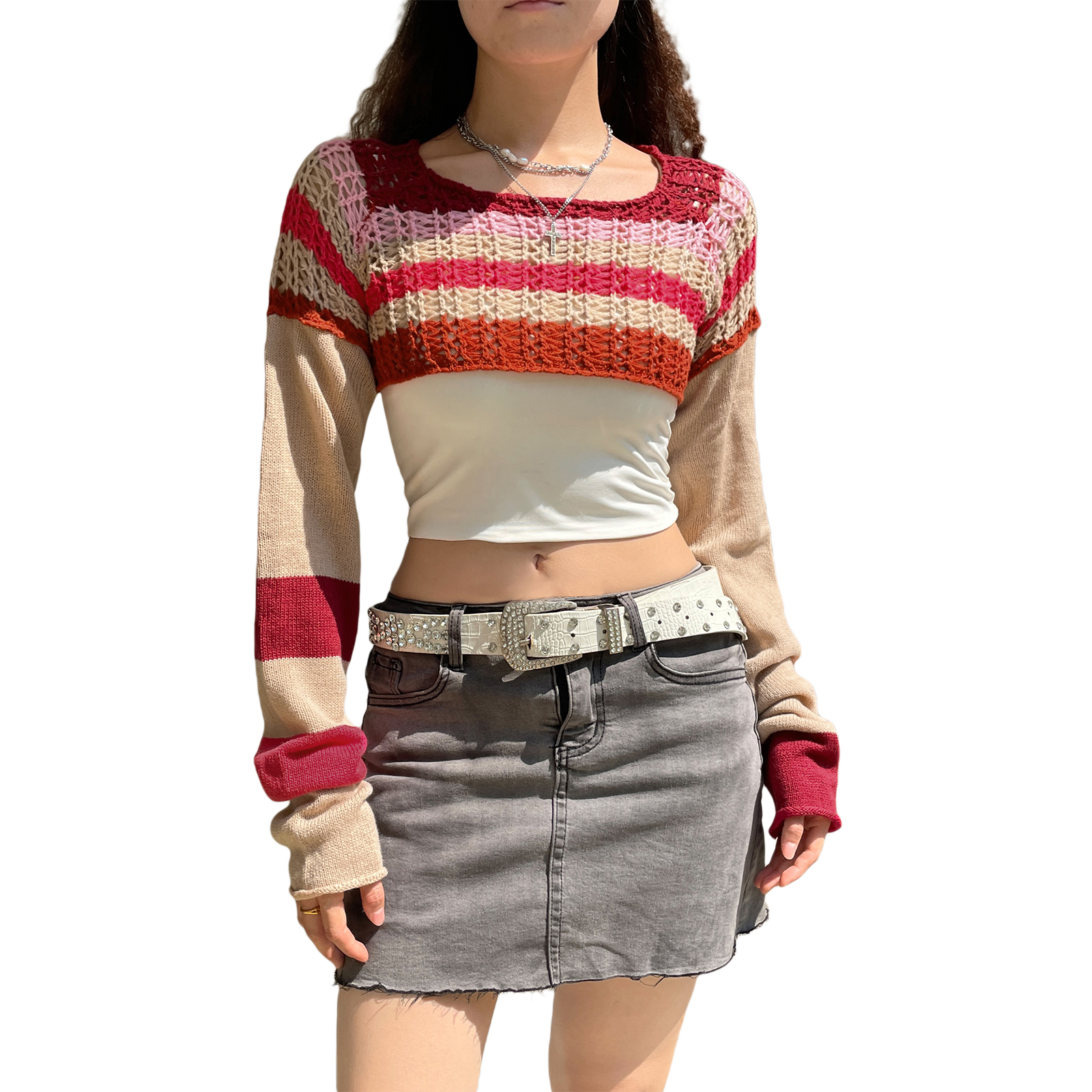 Women Y2K Sweater Black Red Patchwork Round Neck Jumper Long Sleeve Cropped Crochet Pullover alx