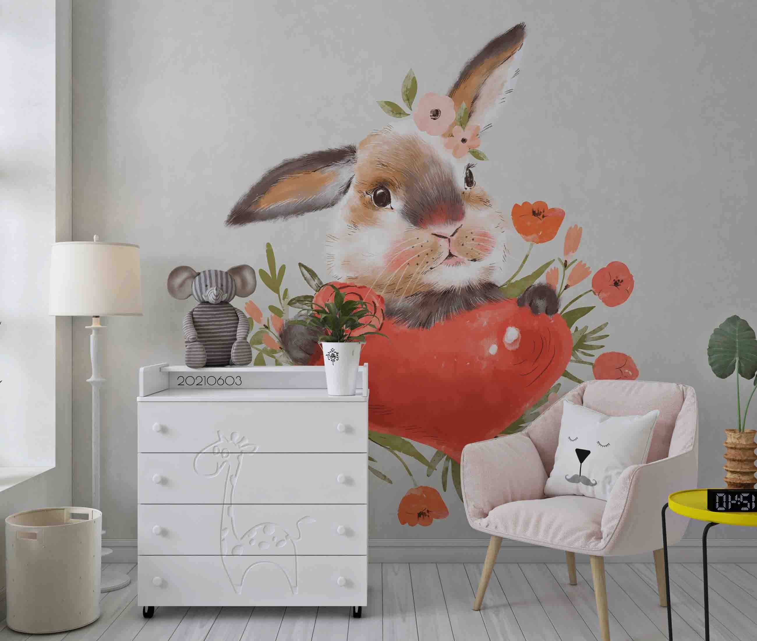 3D Bunny Floral Cartoon Watercolor Heart Wall Mural Wallpaper Sww576