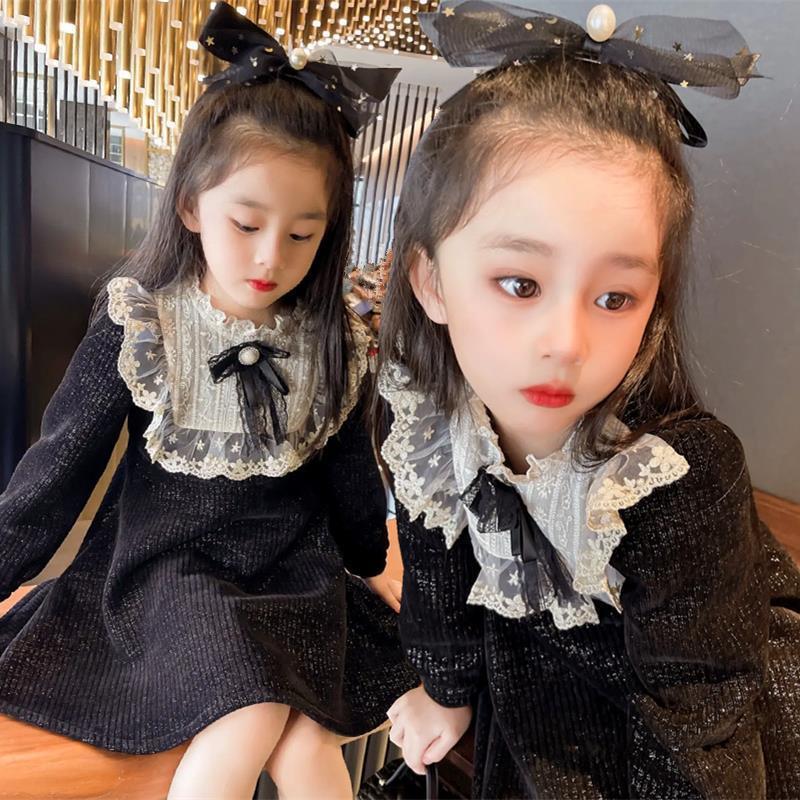 Velvet Retro Girls Dress Spring Autumn New Black Long Thicken Lace Kids Clothing Princess Children Fashion Party Clothes alx