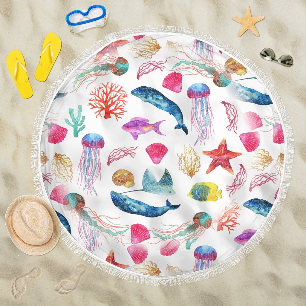 Watercolor Ocean Beach Blanket With Whales Fish Starfish And Jellyfish Round Beach