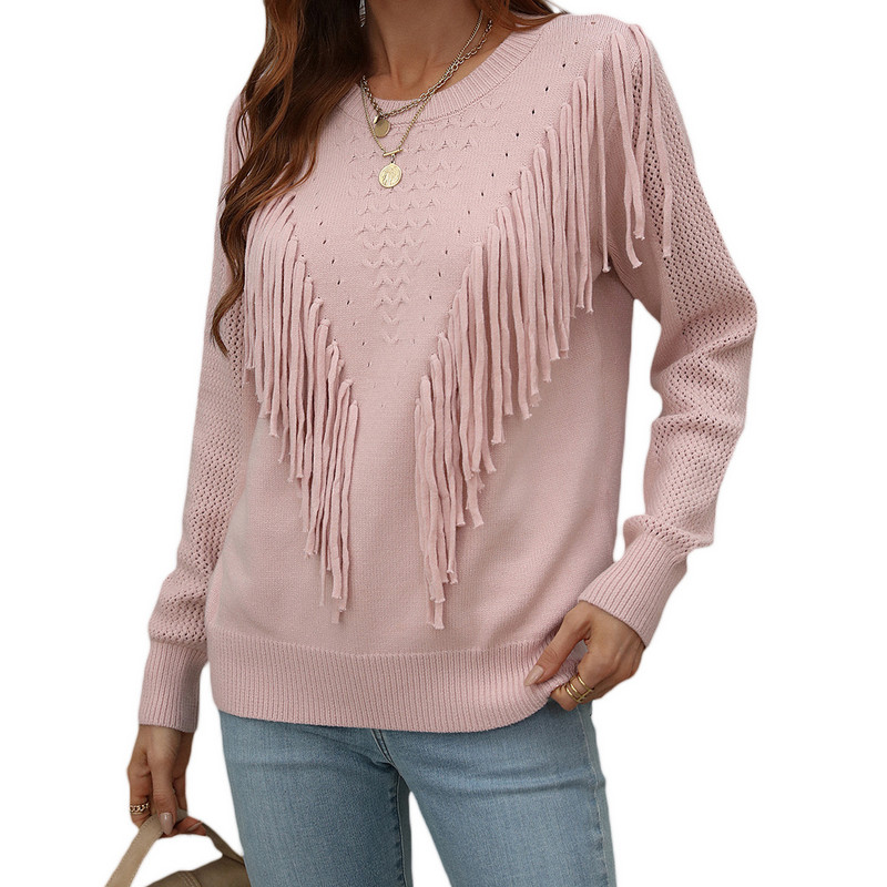 Women Sweaters Tassels Autumn 2022 Solid Color Knitwear Long Sleeve Round Neck Fringe Decoration Hole Cutout Loose Sweater Tops alx