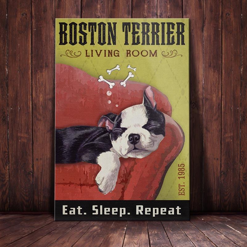 Boston Terrier Dog Canvas And Poster Living Room, Eat Sleep Repeat | Art Print | Home Decor | Room Decor | Wall Art