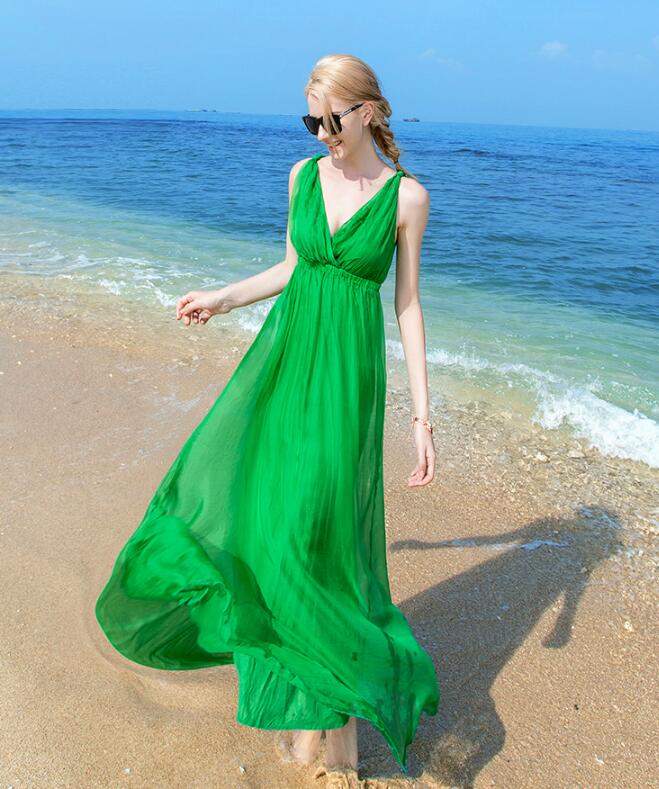 Women Silk dress Long Beach dress Shell 100% Natural Silk Solid dress summer dresses V-Neck Sleeveless Free Shipping HOT Sell alx