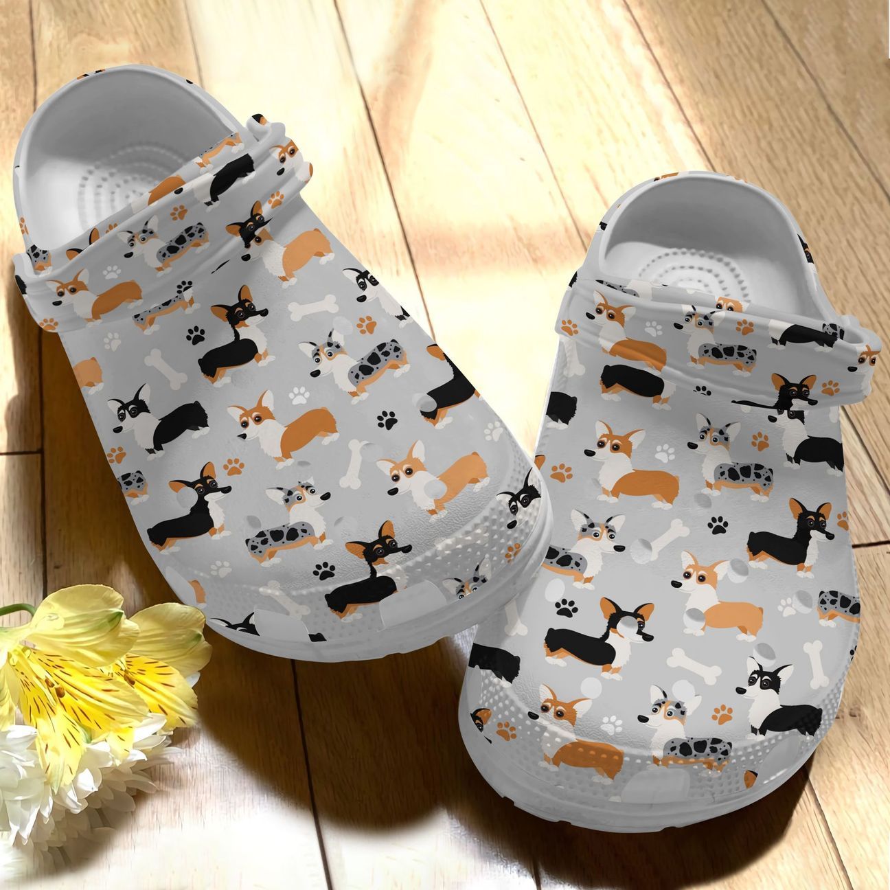 Corgi Personalize Clog, Custom Name, Text, Fashion Style For Women, Men, Kid, Print 3D Whitesole Pattern 4