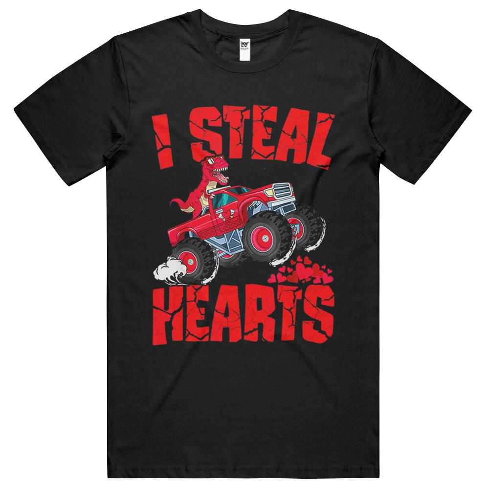 Dinosaur Ridding Truck I Steal Hearts Valentines Day Boys T Shirts