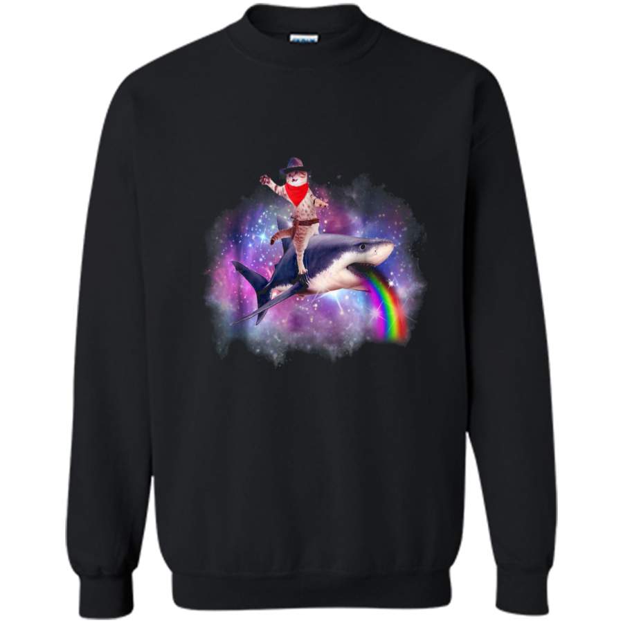 Cat Riding Shark  Space Galaxy Tee Printed Crewneck Pullover Sweatshirt