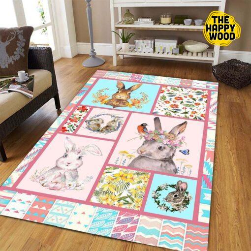 Rabbit Pink Flora Cute Rectangle Carpet Rug