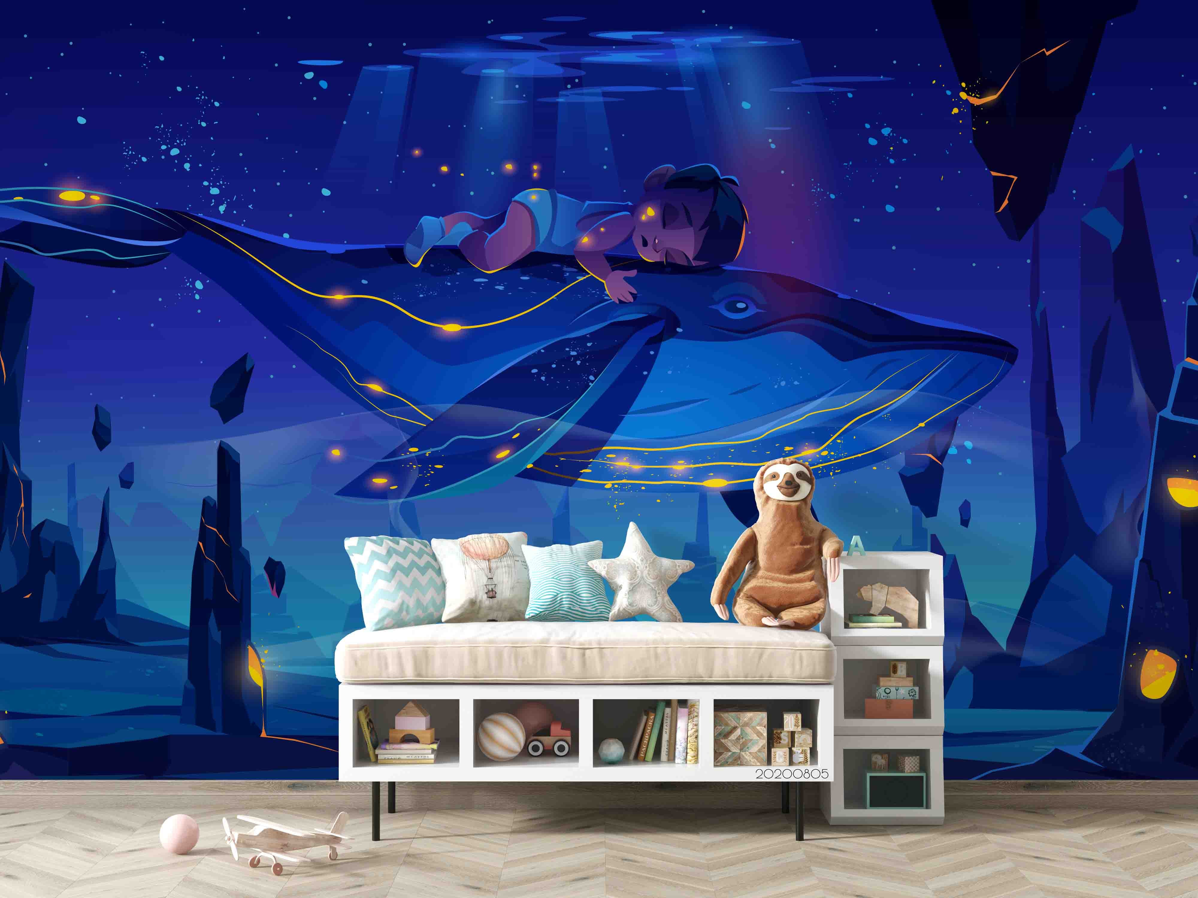 3D Cartoon Sleeping Boy Whale Wall Mural Wallpaper Lxl 822