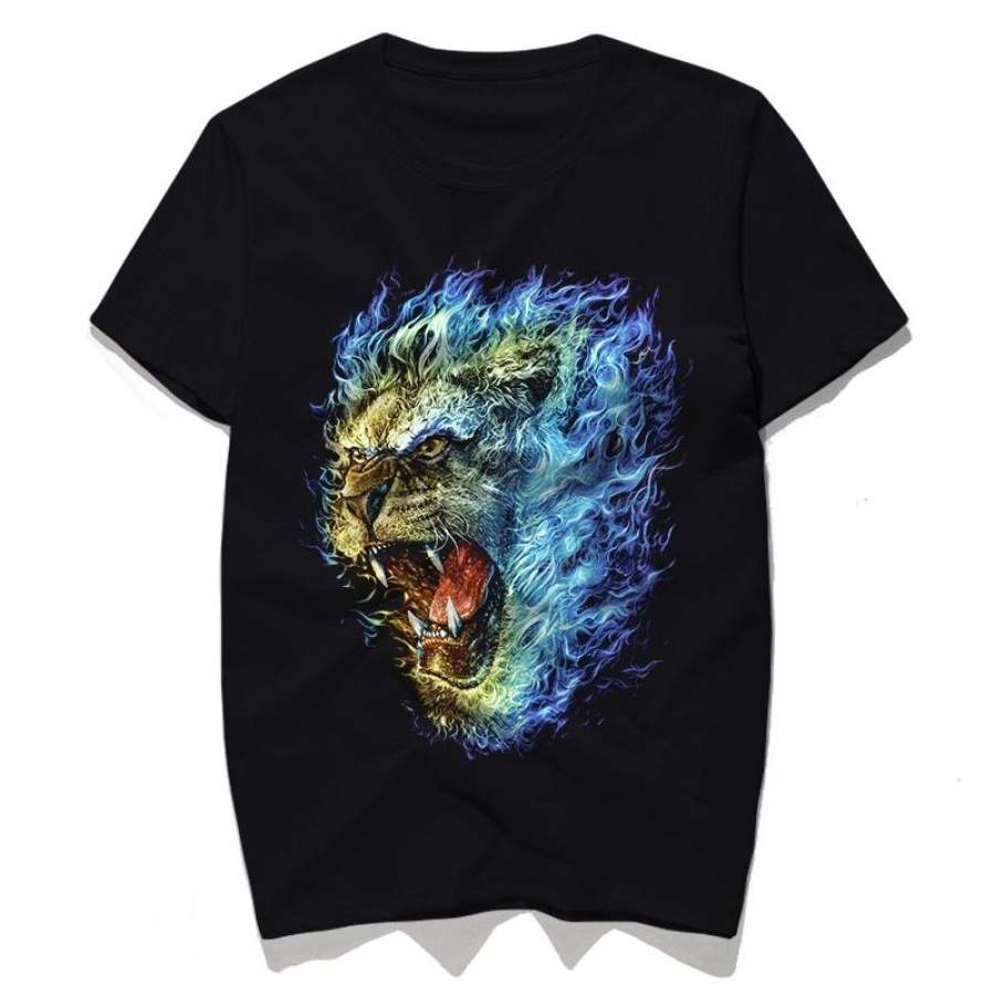 Rocksir Blue Fire Lion Head Print T-Shirt Men Summer Cool Design Rock T Shirt Homme Cotton Fitness Short Sleeve Fashion Tee Mens T-Shirt