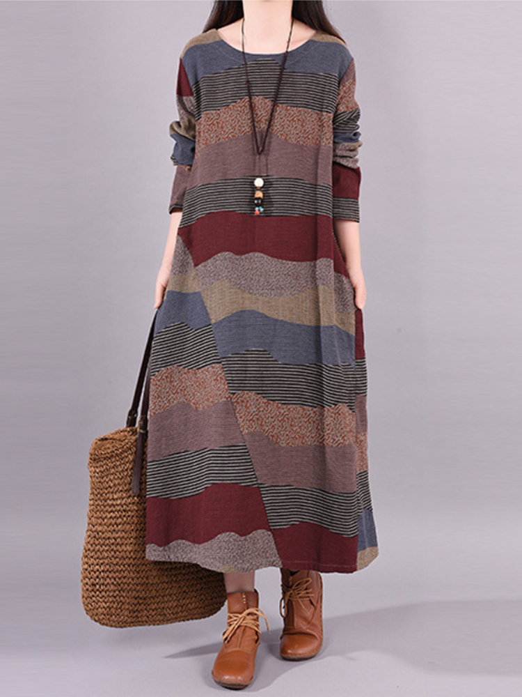 Spring Autumn Fashion Ladies Stitching Striped Round Neck Woman Dress Long Sleeves Women’s Casual Loose Dress Vintage Dress alx