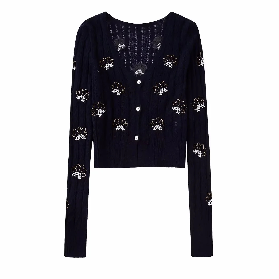 TRAF 2022 Woman Beaded Embroidery Decorative Knit Sweater Cardigan Coats Fashion Single Breasted Long Sleeve Autumn Casual Tops alx