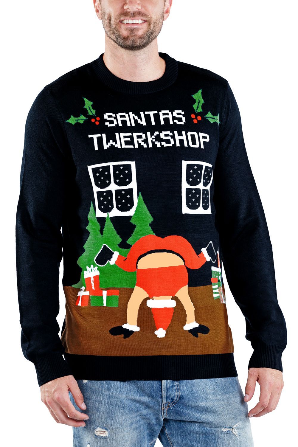 Tipsy Elves Men’S Santa’S Twerkshop Ugly Christmas Sweater