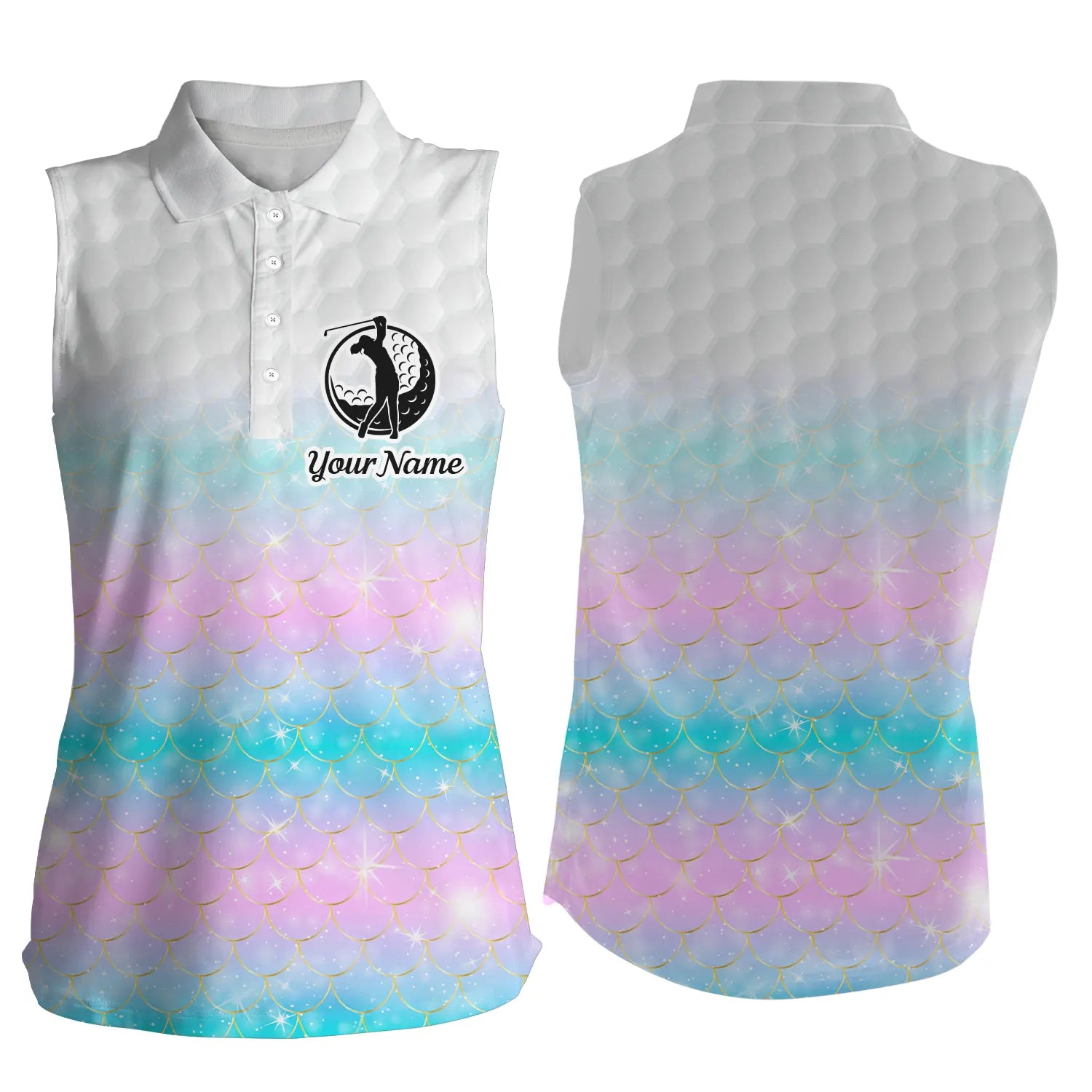 Custom Name Pattern Golf Shirts, Ladies Golf Tops, Women’S Sleeveless Polo Shirt Rainbow Mermaid Scales