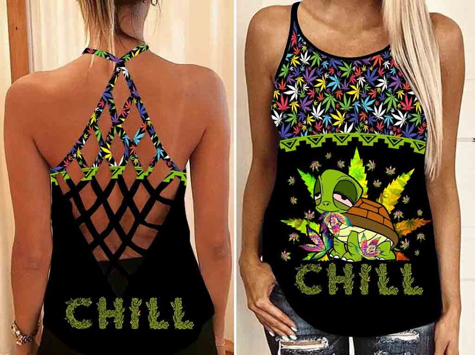 Turtle Chill With Weed Hippie Tank Top Mesh Shirt Women – Funny Animal Criss Cross Open Back Camisole Tank