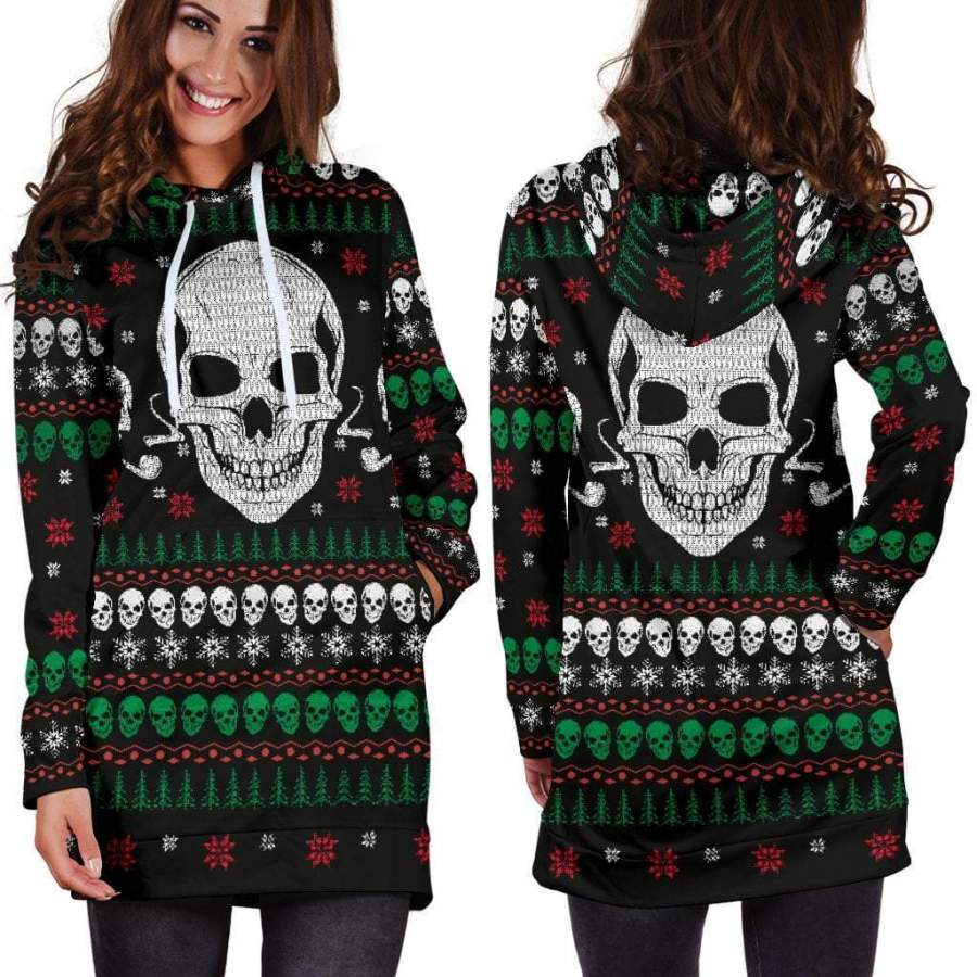 Smoking Skulls  Ugly Christmas Hoodie Dress – Black