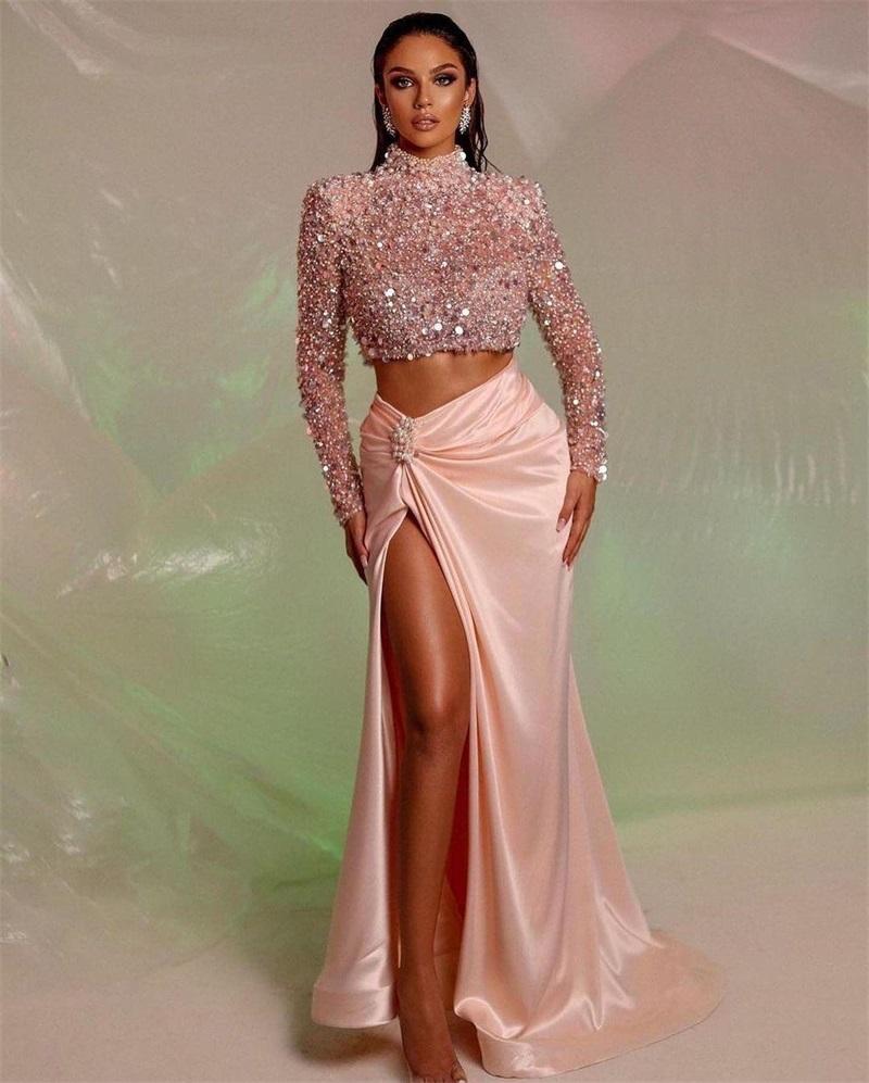 2 Pieces Pink Evening Dresses 2022 Beads Sequins High Neck Prom Dress Custom Made Sexy Side Split Long Sleeves Vestidos De Noche alx