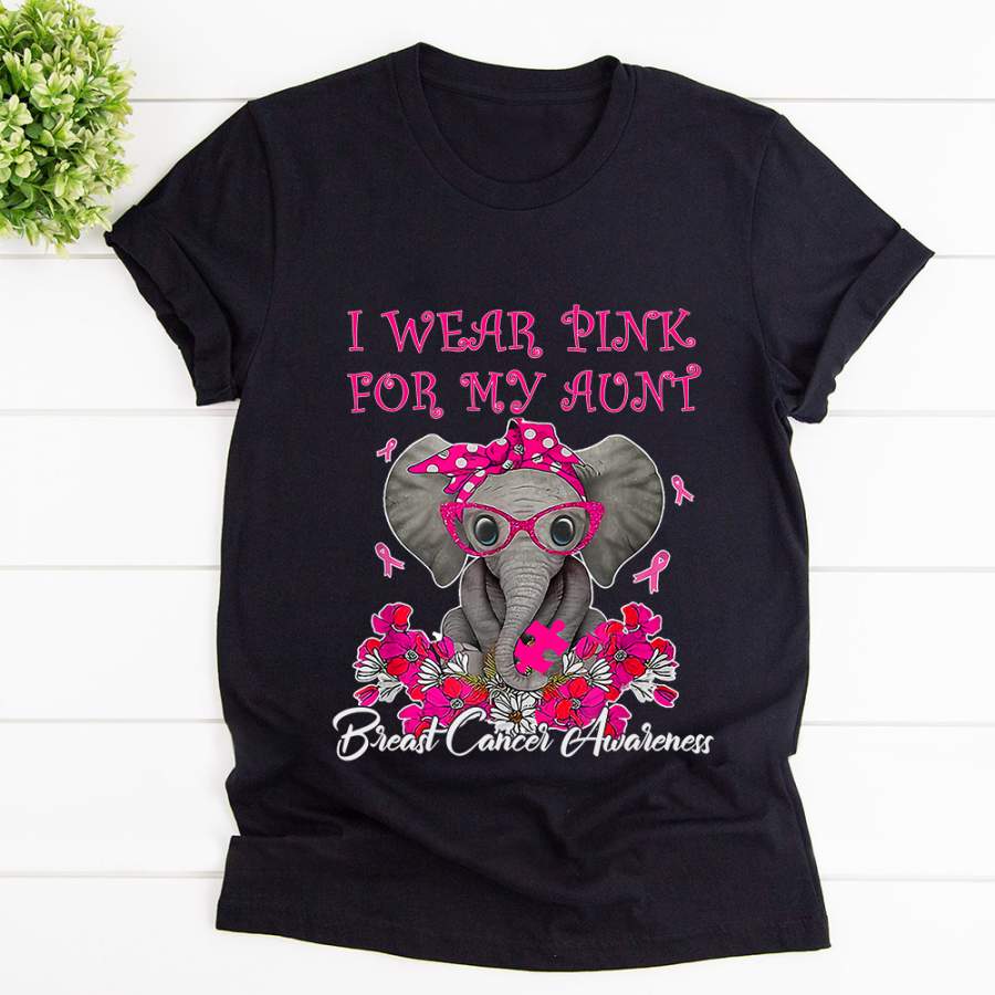 Breast cancer awareness i wear pink for my aunt elephant flower black cotton t shirt for men and women S-6XL