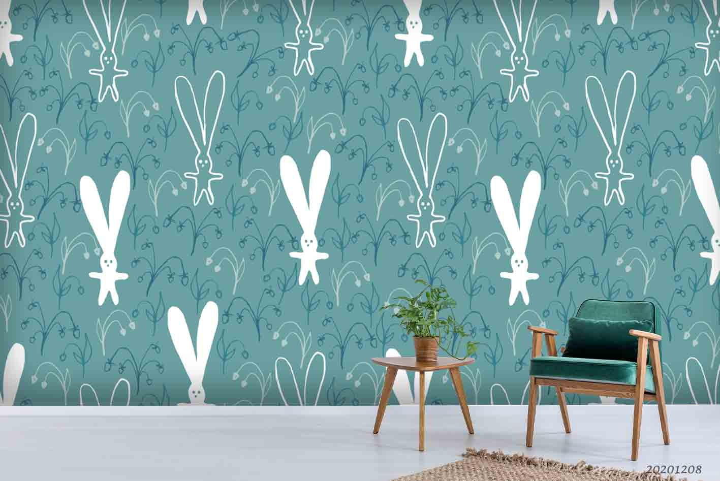 3D Hand Drawn White Bunny Plant Pattern Wall Mural Wallpaper Lxl