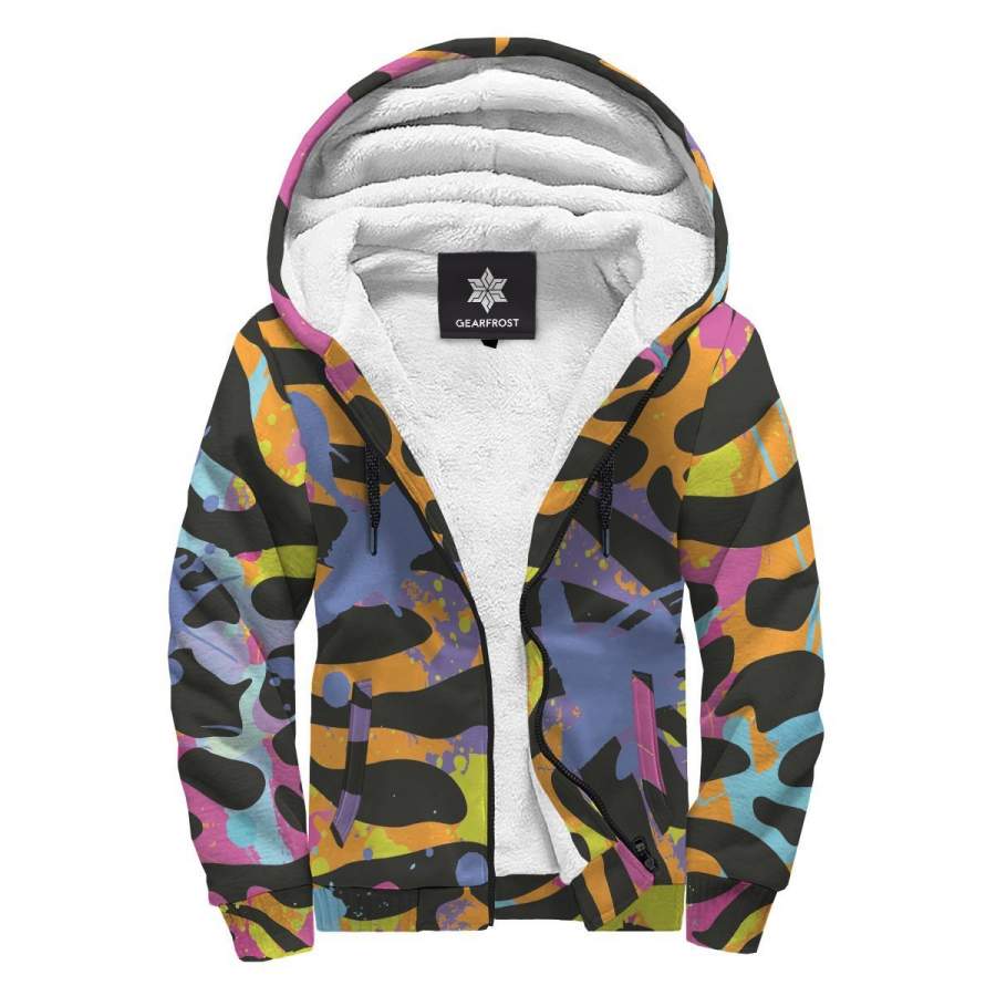 Colorful Zebra Leopard Pattern Print Sherpa Lined Fleece Hoodie