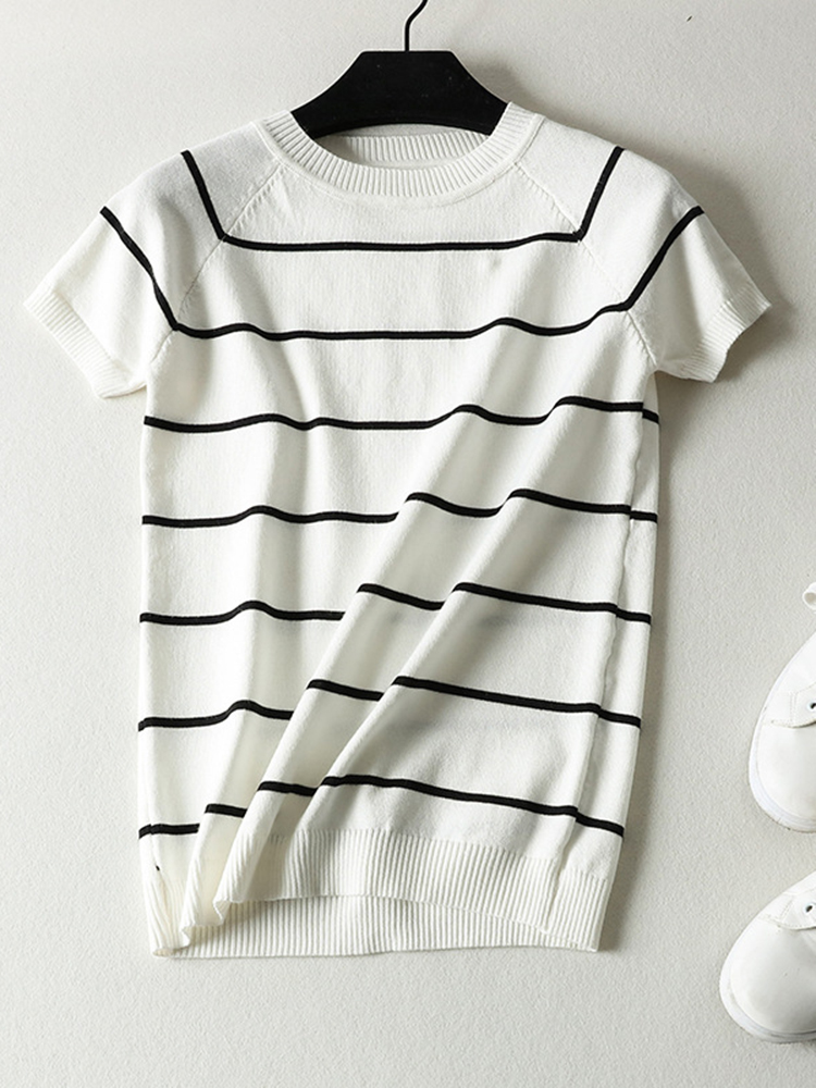 Big Size Summer Short Sleeve Striped Pullover Women Sweater Knitted 2022 Sweaters Tops Korean Pull Femme Jumper Female alx