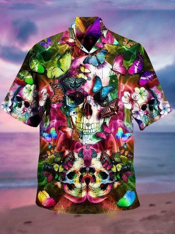 Find Hawaii Aloha Shirts Colorful Skull Blooming Butterfly Ha2518