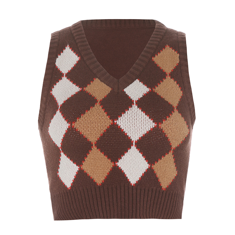 Argyle Women Sweater Vest Vintage Autumn Knit Pullover Cute Crop Jumper Short Sweater Streetwear Brown Top Dropshipping alx